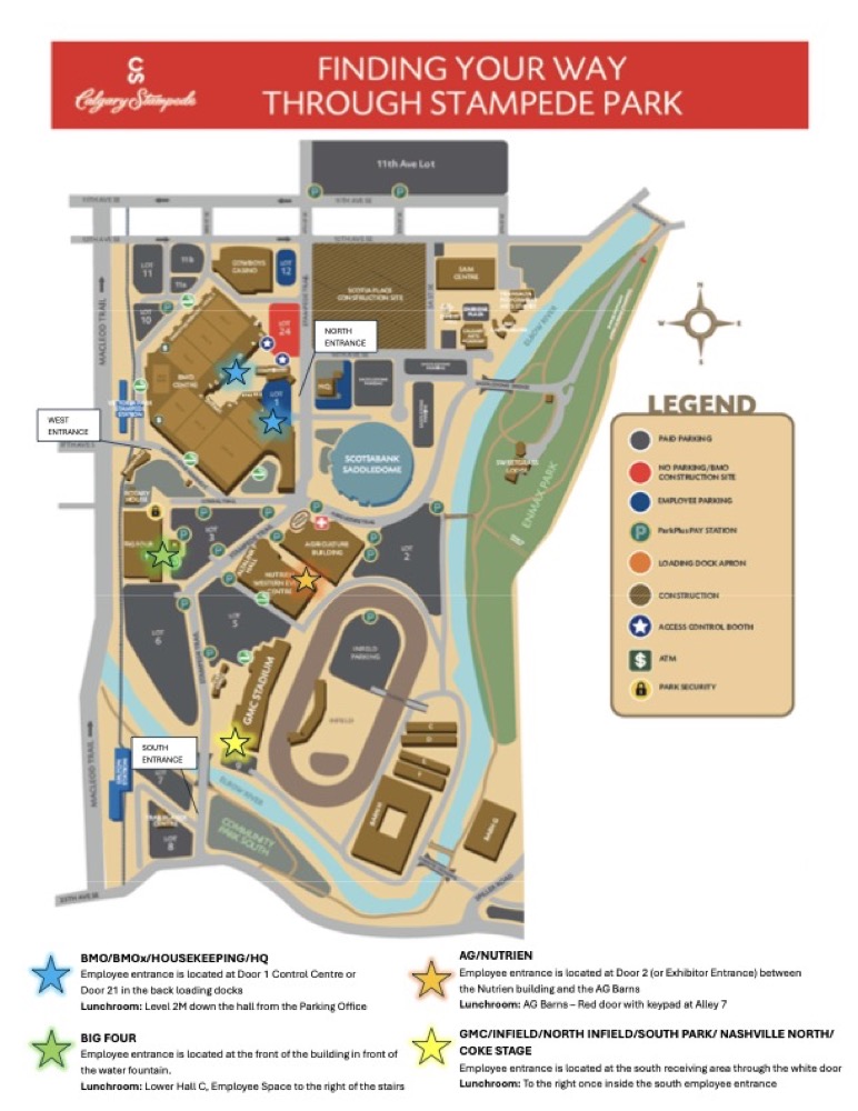 The master 2026 Stampede Park map showing every park entrance and building.